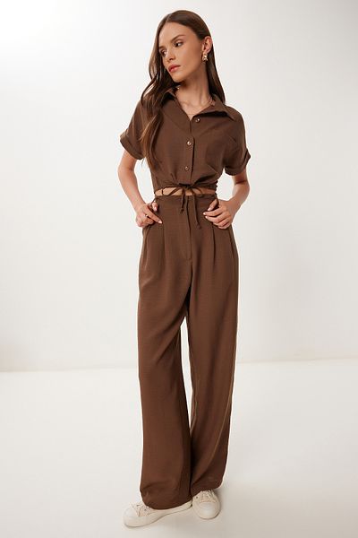 Happiness İstanbul Women's Brown Linen Crop Shirt Pants Suit Bv00149