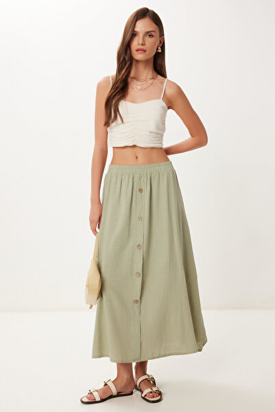 Happiness İstanbul Γυναικεία πράσινη λινή φούστα με λεπτομέρεια με κουμπιά BV00139