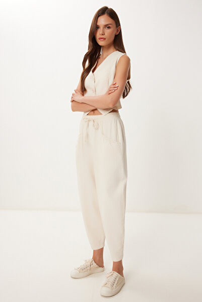 Happiness İstanbul Női krémszínű vászon mellény Shalwar nadrág szett BV00143