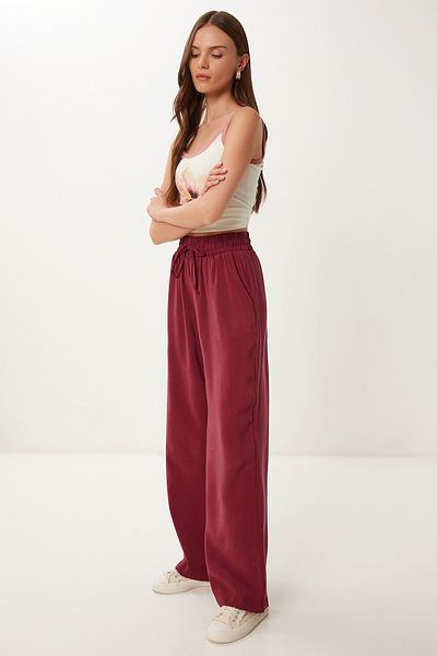 Happiness İstanbul Women's Burgundy Wide Leg Summer Modal Trousers Bv00157
