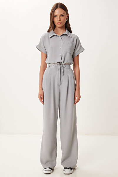 Happiness İstanbul Dámská šedá lněná košile Crop Pants Suit BV00149