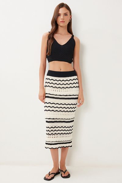 Happiness İstanbul Women's Black Cream Patterned Openwork Summer Knitwear Set Bv00141
