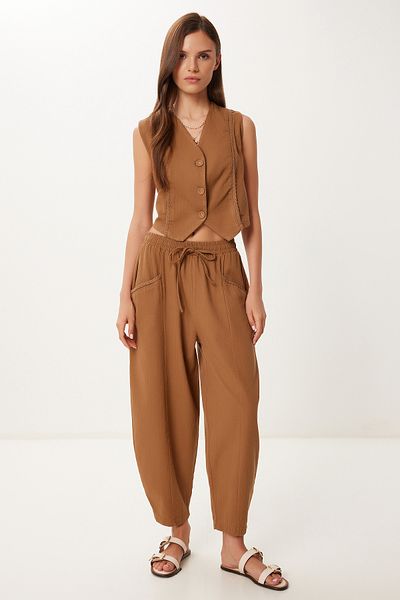 Happiness İstanbul Women's Brown Linen Vest Baggy Trousers Suit Bv00143