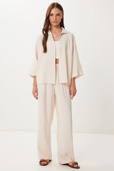 Happiness İstanbul Women's Cream Modal Shirt Pants Suit Bv00169