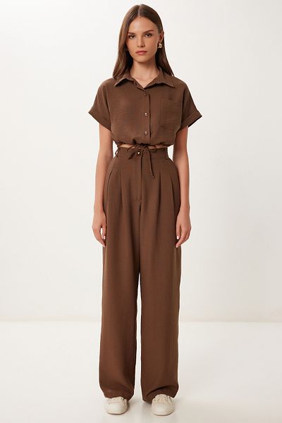 Happiness İstanbul Women's Brown Linen Crop Shirt Pants Suit Bv00149