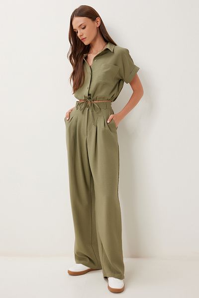Happiness İstanbul Women's Khaki Linen Crop Shirt Pants Set Bv00149