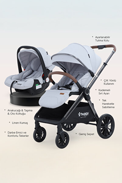 Huggy Mate 5 in 1 Extra Parlak Çift Yönlü Gri Travel Bebek Arabası