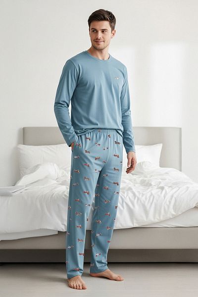 Trendyol Collection Blaues Pyjama-Set aus 100 % Baumwolle mit Tiermuster und normaler Passform – TMNAW23PT00157