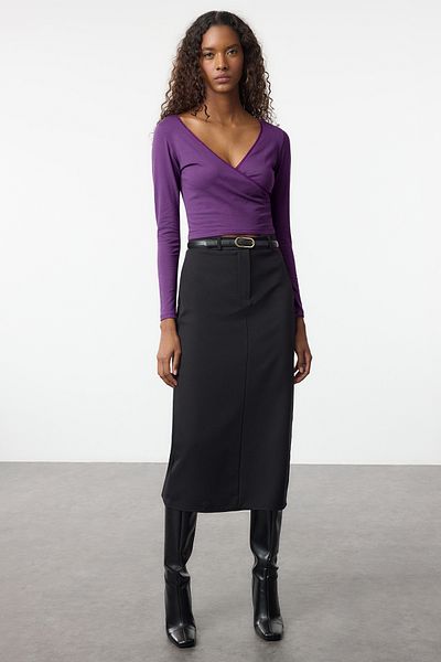 Trendyol Collection Μωβ δαντέλα με λεπτομέρεια με διπλό στήθος λαιμόκοψη - μακρυμάνικο, βαμβακερό, ελαστικό TWOAW24BZ00291