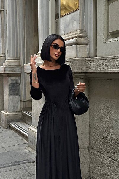 Trendyol Collection Μαύρο βελούδινο πλεκτό βραδινό φόρεμα νυχτερινής αποφοίτησης TPRAW25EL00177