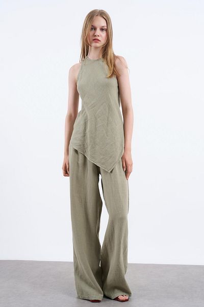 Trendyol Collection Khaki Linen Sleeveless Blouse and Pants Woven Bottom - Top Set Twoss25Au00121