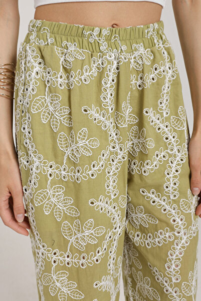 Trendyol Collection Light Khaki Embroidered Wide Leg Pants Twoss25Pl00129