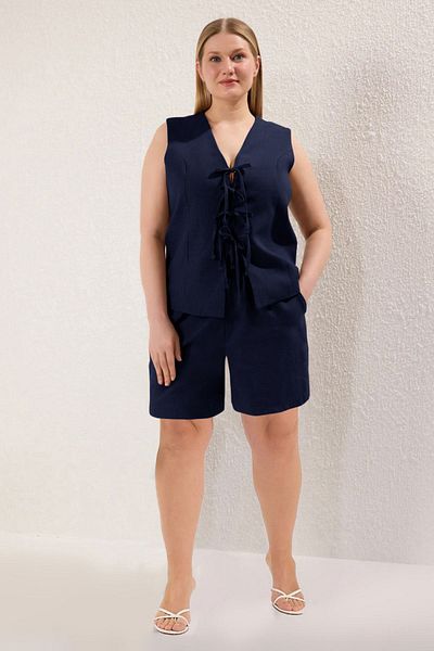 Trendyol Curve Navy Blue Lace-Up Woven Large Size Blouse & Shorts Bottom - Top Set Tbbss25Cp00028