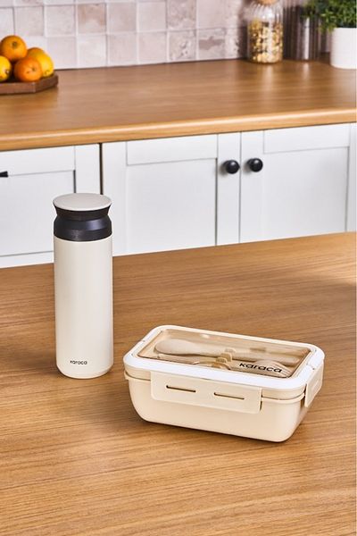 Karaca Rainbow Stainless Steel Thermos 500 ml and Fusca Lunch Box Cream