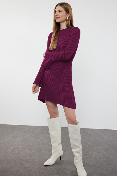 Trendyol Collection Plum Mini Knitwear A-Line Formda Dress Twoaw25El00030