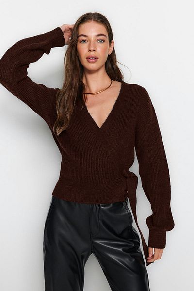Trendyol Collection Brown Soft Textured Double Breasted Collar Knitwear Cardigan Twoaw24Hi00282