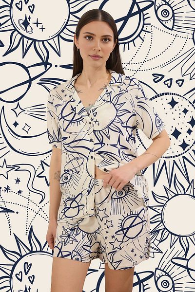 Trendyol Collection Ecru Bohemian Galaxy Patterned Viscose Shorts Woven Pajama Set Thmss25Pt00314
