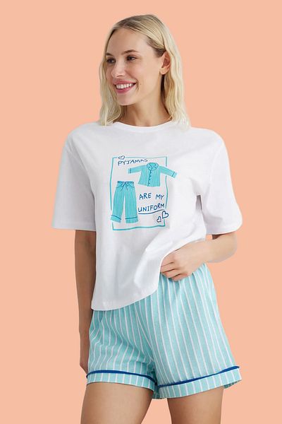 Trendyol Collection White-Blue Plain Single Jersey Knitted Pajamas Set Thmss25Pt00115