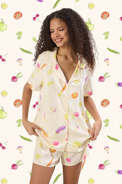 Trendyol Collection Ecru Vegetable Patterned Viscose Woven Pajamas Set with Shorts Thmss25Pt00271