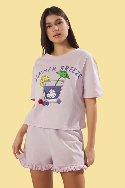Trendyol Collection Set de pijamale din bumbac cu volane liliac de vară - THMSS25PT00147