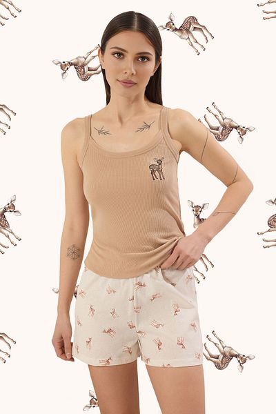 Trendyol Collection Beige Deer Embroidery - Ribbed Shorts Pajama Set Thmss25Pt00292