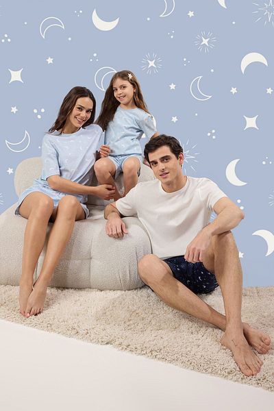 Trendyol Collection Set de pijamale albastru pentru femei, 100% bumbac, cu model Galaxy