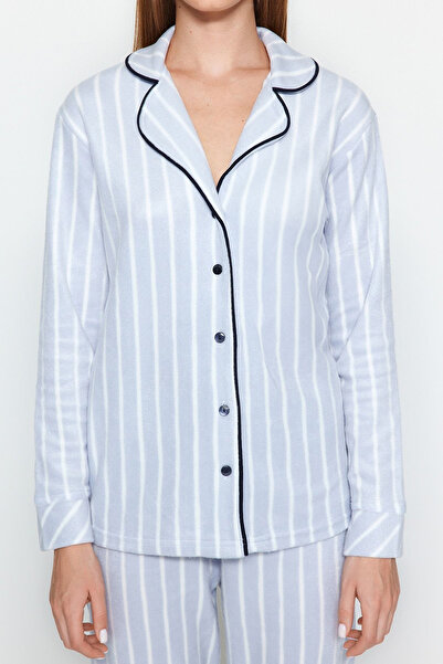 Trendyol Collection Set de pijamale tricotate de iarnă din lână cu bandă de somn cu dungi albastre THMAW22PT0360