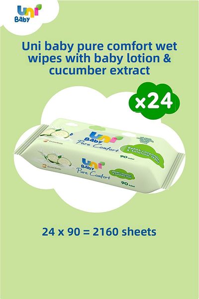 Uni Baby Pure Comfort 24 Pack Wet Wipes - Lotion and Cucumber Extract, 2160 Sheets