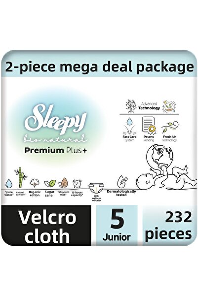 Sleepy بيو ناتشورال بريميوم بلس 2 عبوة حفاضات أطفال مقاس 5 جونيور 232 قطعة