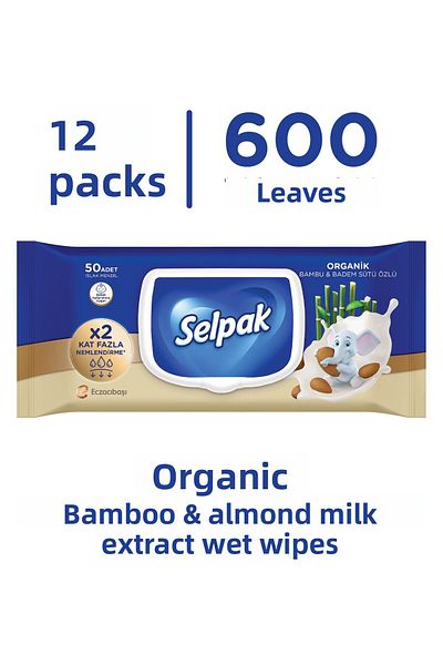 Selpak 12 Pack 600 Sheets - Organic Bamboo and Almond Milk Extract Wet Wipes