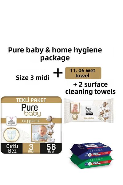 Pure Baby Purebaby Size 3 Midi Wet Wipes - 4-10 Kg, 56 Pcs-90 Pcs, 2 Packs of Surface Cleaning Wipes