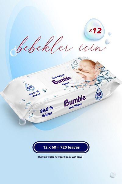 Bumble Water Wet Wipes 60 Sheets 12 Pack