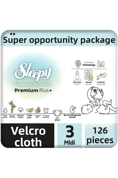Sleepy مجموعة بيو ناتشورال بريميوم بلس سوبر ديل حفاضات أطفال مقاس 3 ميدي 126 قطعة