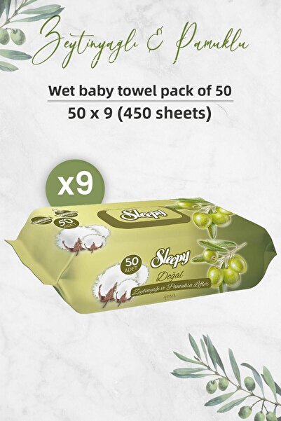 Sleepy منشفة أطفال مبللة بزيت الزيتون الطبيعي والقطن 50 × 9 قطع (450 ورقة)