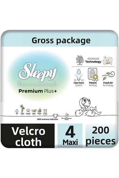 Sleepy Bio Natural Premium Plus Gross Package Baby Diapers Size 4 Maxi 200 Pieces
