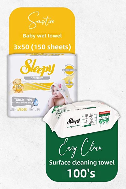 Sleepy مناديل مبللة للأطفال الحساسة 3 × 50 قطعة ومنشفة تنظيف 100 قطعة