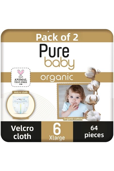 Pure Baby قماش فيلكرو من القطن العضوي 2 عبوة مقاس 6 كبير جدًا 64 قطعة