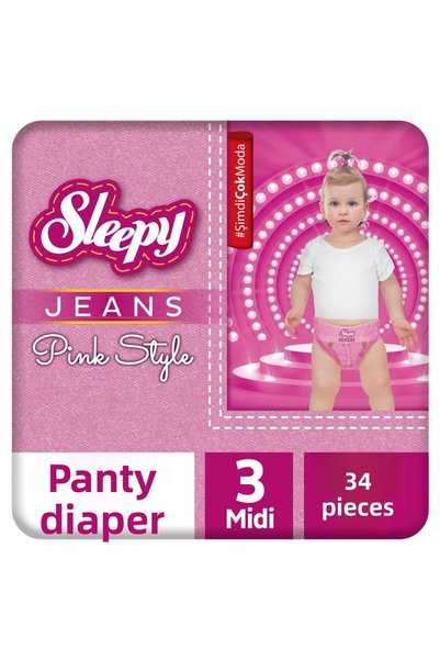 Sleepy حفاضات بانتي جينز وردي مقاس 3 وسط 34 قطعة