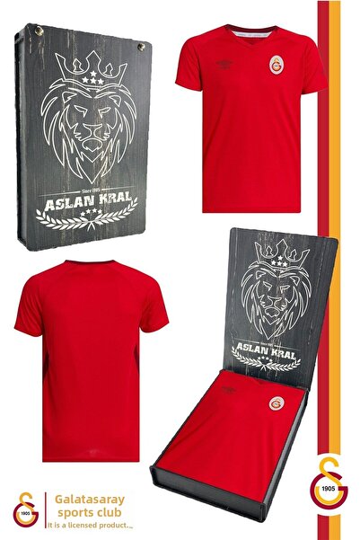Galatasaray Original Licensed Umbro V-Neck Red T-Shirt with Wooden Box