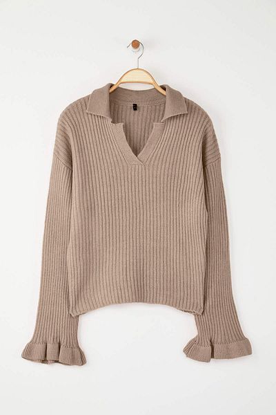 Trendyol Collection Mink Soft Textured Sleeve Flounce Knitwear Sweater Twoaw26Kz00085