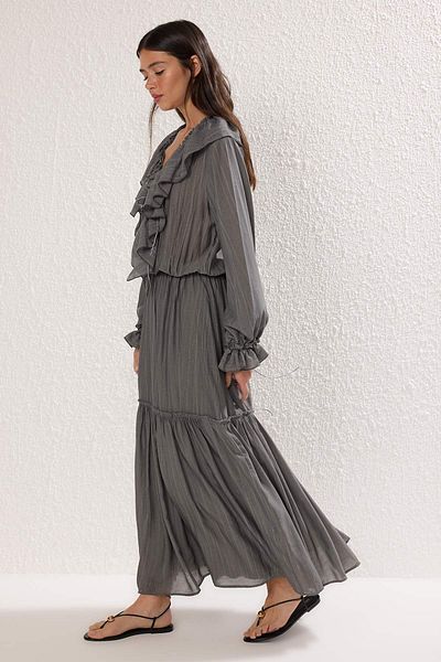 Trendyol Collection Antracit elasztikus derékú, fodros Maxi szőtt ruha TWOSS25EL00864