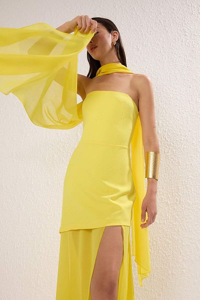 Trendyol Collection Vibrant Yellow Shawl Detail Woven Maxi Evening & Homecoming Dress Tprss25Ae00188