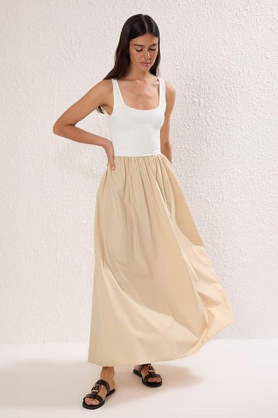 Trendyol Collection Camel Color Block Midi Woven Dress Twoss25El00867