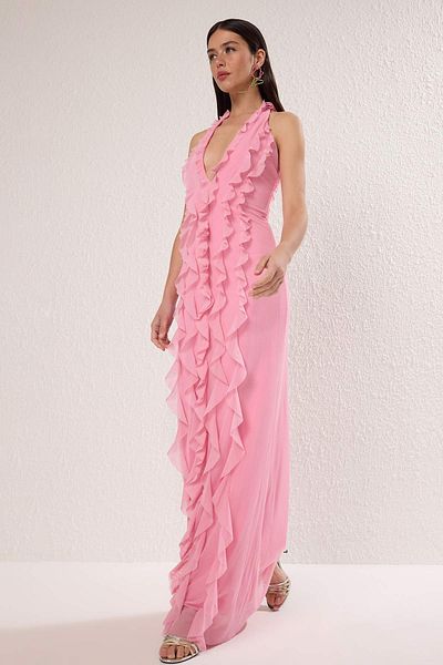 Trendyol Collection Limited Edition Pink Ruffled Lined Tulle Evening Dress Night Graduation Dress Tprss25Ae00063