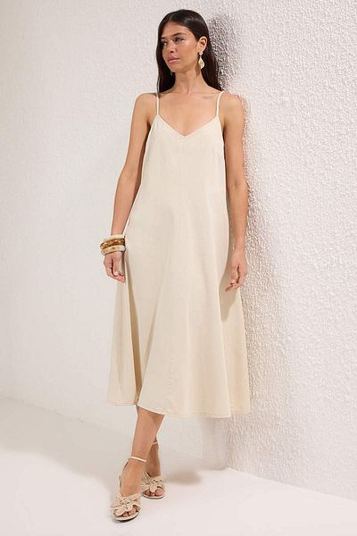 Trendyol Collection Beige Straight Midi Denim Dress Twoss25El00859