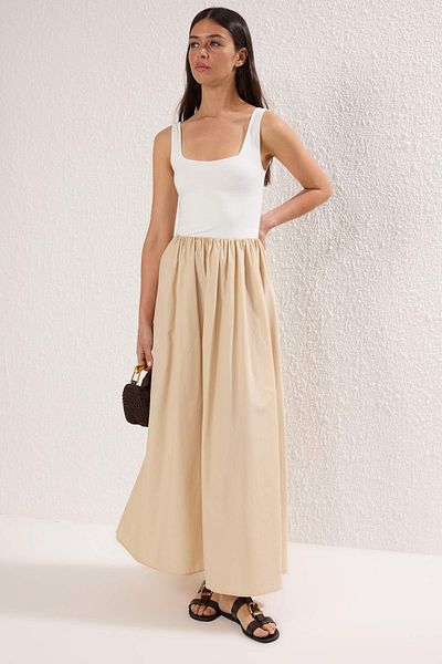 Trendyol Collection Camel Color Block Midi Woven Dress Twoss25El00867