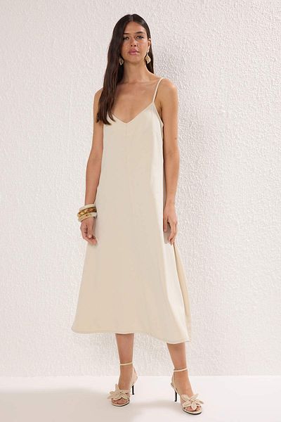 Trendyol Collection Beige Straight Midi Denim Dress Twoss25El00859