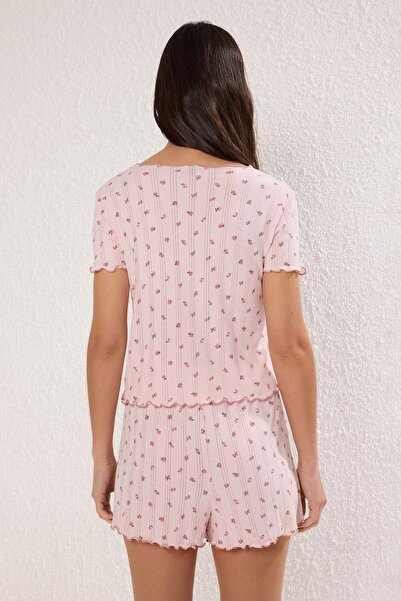 Trendyol Collection Pink 100% Cotton Floral Ribbon/Bow Ribbed Shorts Knitted Pajamas Set Thmss25Pt00434