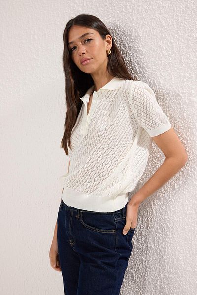 Trendyol Collection Ecru Viral Perforated/Embossed Summer Polo Neck Knitwear Blouse Twoss25Bz00577