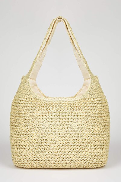 TRENDYOL SHOES Beige Wicker Hand Knitted Women's Medium Shoulder Bag Takss25Oc00082